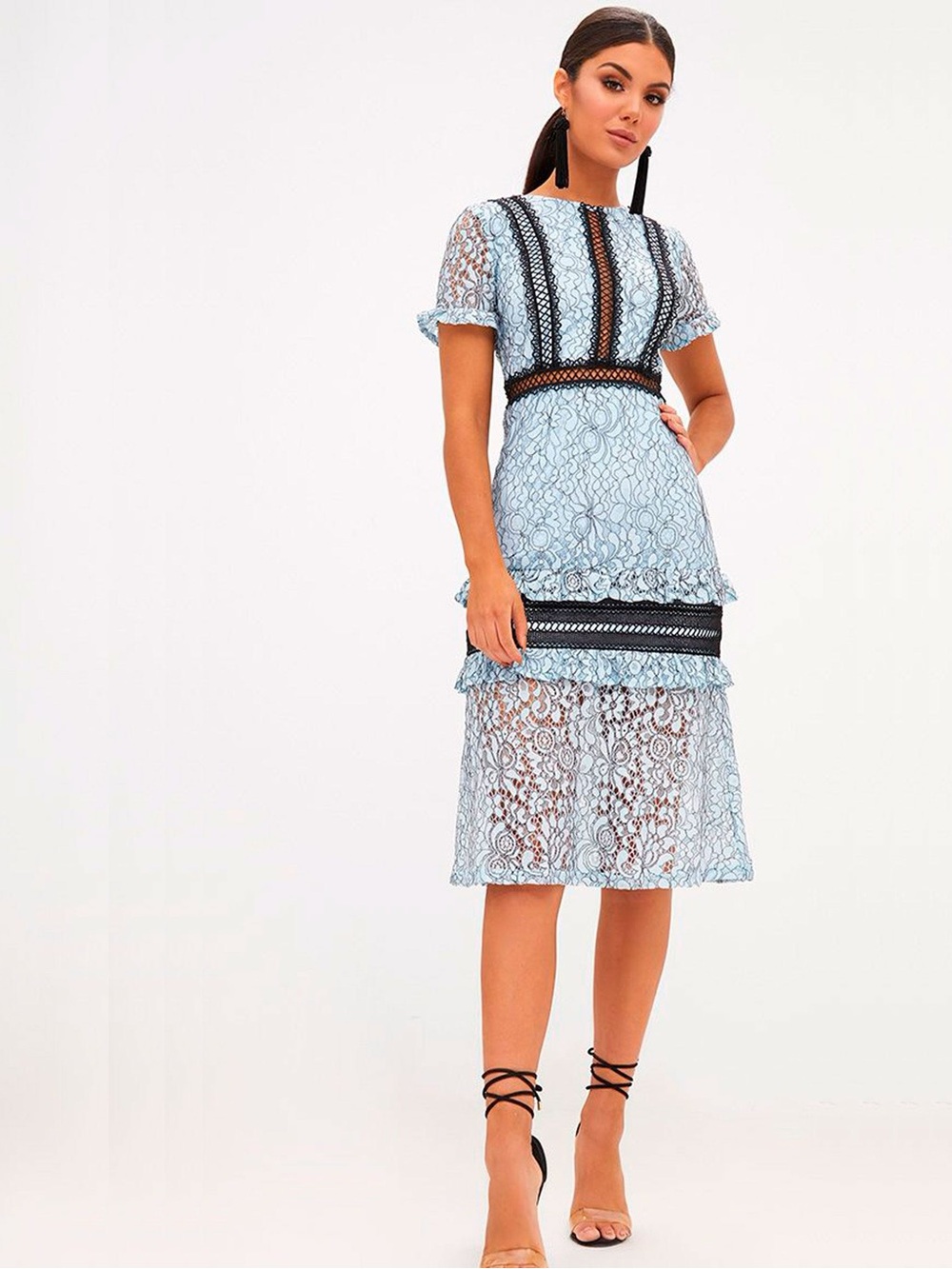 PrettyLittleThing Light Blue Lace Midi Dress with Black Trim